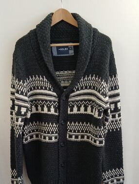Men's Charcoal Shawl Collar Cardigan with Cream Fair Isle Pattern